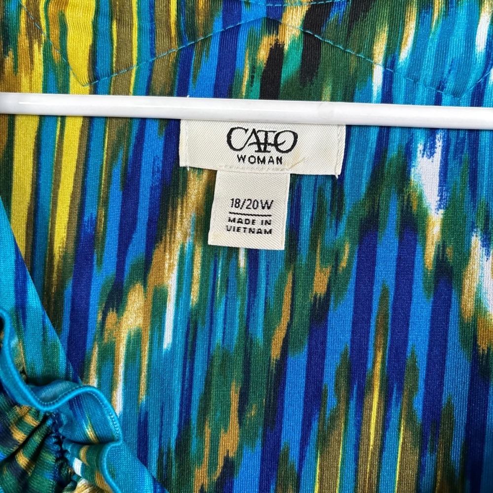 Cato Woman Blue Yellow Chevron Ikat Ruffle V-Neck Maxi Dress Plus Size 18/20W - Picture 5 of 7